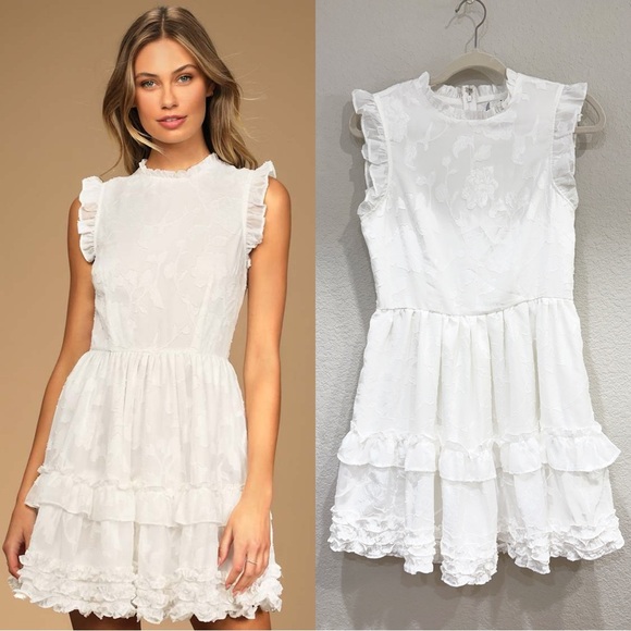 NWOT Lulus True as Can Be White Burnout Floral Ruffled Mini Dress - Picture 1 of 9